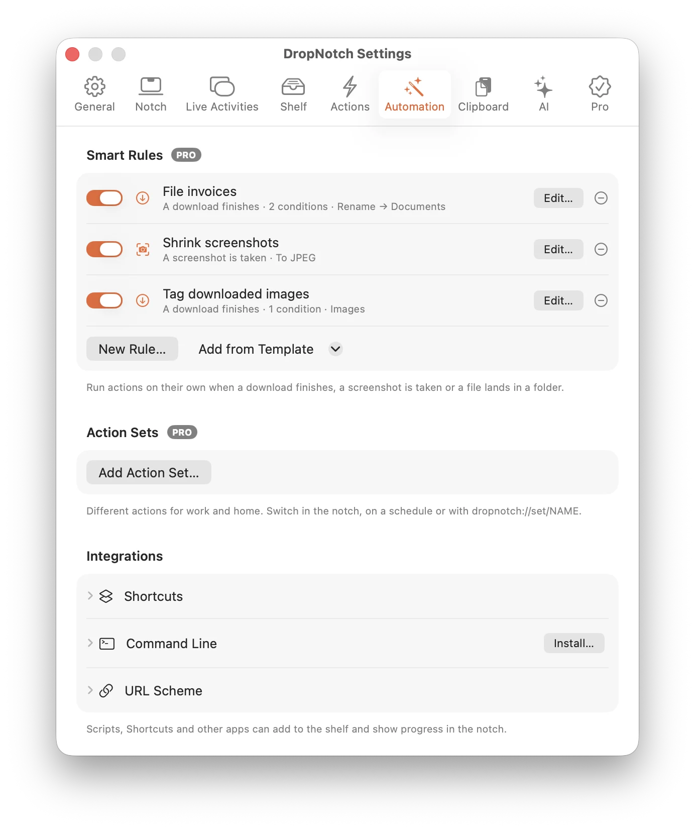 Ajustes de automatización de DropNotch