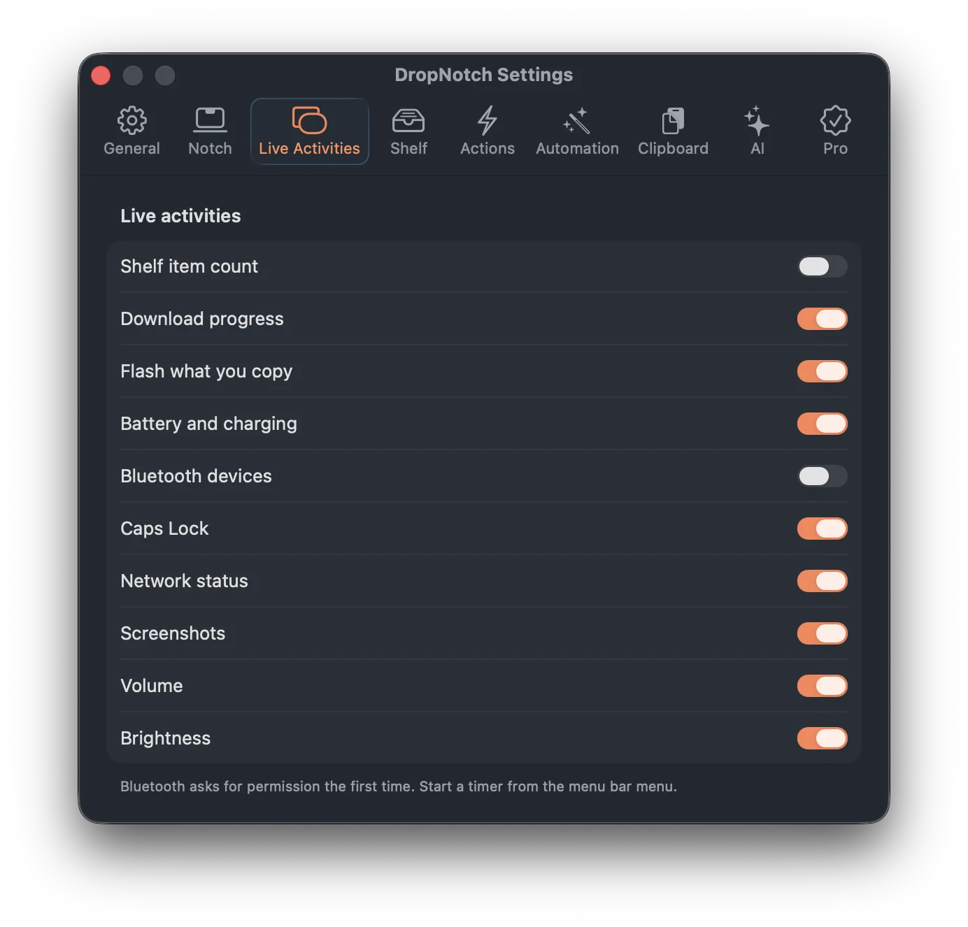 Ajustes de Actividades en vivo de DropNotch
