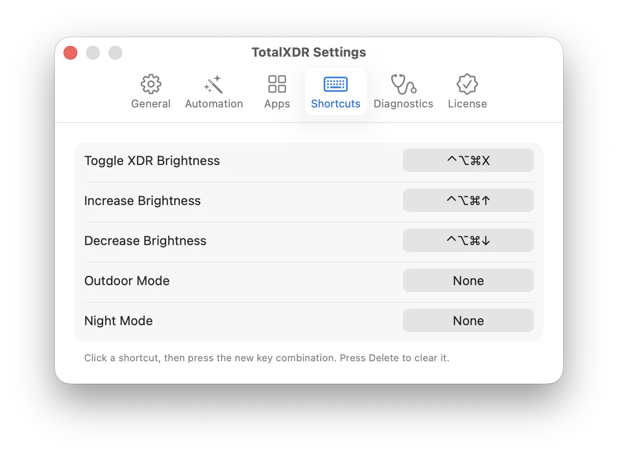 Impostazioni delle abbreviazioni da tastiera di TotalXDR